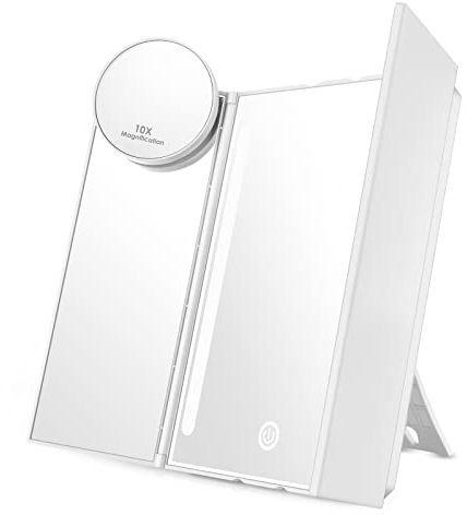 Auxmir Kosmetikspiegel mit LED Licht, Schminkspiegel Beleuchtet mit Blendfreier Beleuchtung für Schminken Rasieren, Makeup Spiegel mit Touchschalter für Dimmbare Helligkeit