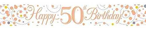 9ft Banner Sparkling Fizz 50th Birthday White & Rose Gold Holographic