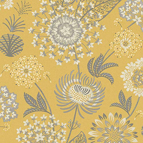 Vintage Bloom Floral Wallpaper Retro Flower Mustard Yellow Grey White YöL