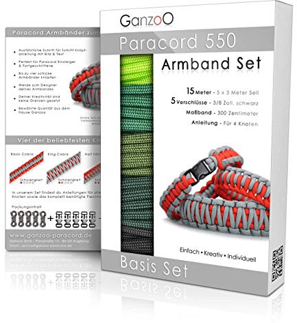 Ganzoo Paracord 550 knytkit armband DIY, Forest färgset med 5x3 m fallskärmslina 4 mm, 5 klicklås 10 mm, 16-sidig instruktion med 4 knutar (basic cobra king cobra half hitch modified half hitch)