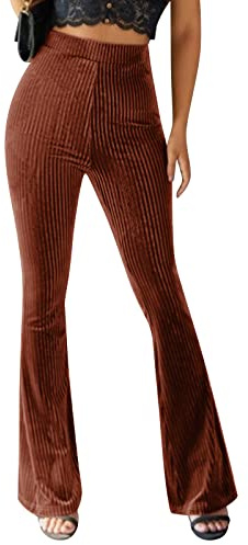 Odizli Pantalones de percusión para mujer, de terciopelo, de cintura alta, sueltos, elásticos, elegantes, acampanados, largos, anchos, para mujer, marrón, S