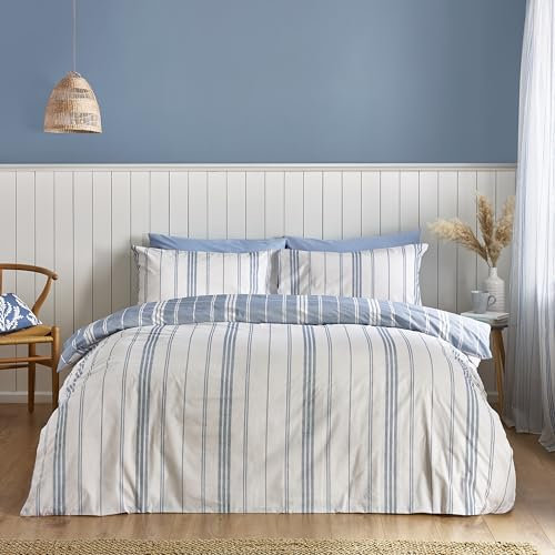 Catherine Lansfield Harbour Stripe Reversible Single Duvet Cover Set with Pillowcase Blue