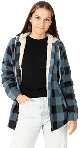 ZENTHACE Women's Checkered Blue Black Flannel Jacket, Medium, Sherpa Lined, Hooded, Zipper, Long Sleeve, Winter, Casual Wear, Walking, Camping