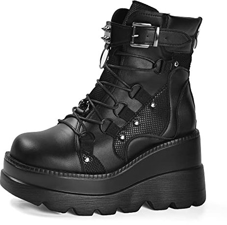 Gothniero Goth Plateau-Stiefel, schwarz, Gothic, klobiger Absatz, Stiefel für Damen, Kampfstiefeletten, Keilstiefel, mit seitlichem Reißverschluss, Schnürung, Größe 36-42, schwarz 1, 38 EU