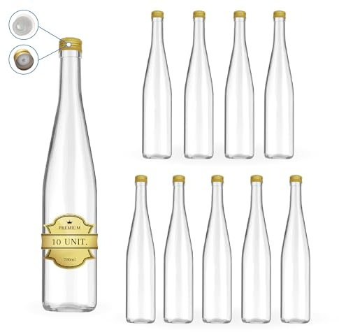 10 botellas de cristal de 700 ml con tapón de rosca dorado con boquilla para bebidas espirituosas como ron, whiskey, vodka o aceite de oliva, agua y licor