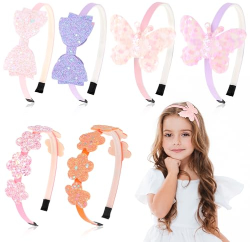 Glitter Headbands with Bow, 6 Pack Toddler Hair Accessories, Colorful Princess Headbands Bulk Plastic Sparkly Rainbow Butterfly Hair Accessories Bow Headband for Girls