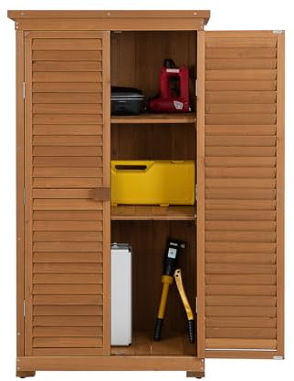 HOMASIS Gartenschrank Holz, Gerätehaus wetterfest, Gartenhaus mit 2 verstellbaren Einlegeböden, Geräteschuppen mit Asphaltdach, Geräteschrank Gartenschuppen Holzschuppen Holzhaus Outdoor