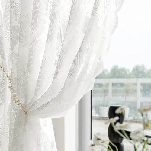 MIULEE Gardine Weiß Spitzenvorhänge mit Blattmuster, Transparent Lichtdurchlässige Gardinen mit Ösen 2er Set Voile Vintage Europäische Stil für Schlafzimmer und Wohnzimmer Vorhang, 2X H245 x B150 cm