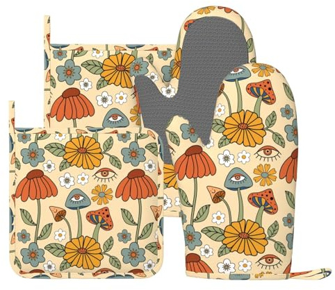 Retro 70s Floral Hippie Mushroom Oven Mitts And Pot Holders Set Of 4 Silicone Heat Resistant Oven Mitten Potholders Non Slip Gloves Kitchen Decor For Bbq Cooking Grilling Baking