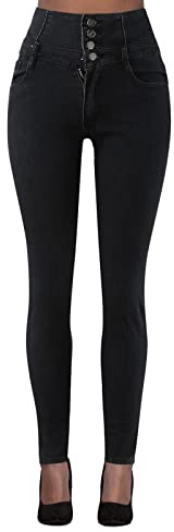 Jean Femme Taille Haute Skinny Braguette boutonnée Jeans Slim Push up Fesse Amincissant Pantalon Stretch Femme Extensible Coupe ajustée Crayon Hanche Jean Taille Elastique en Denim Pants (Black, M)