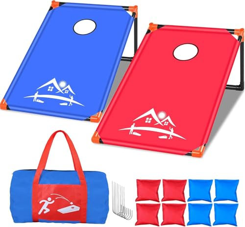 OBOVO Tragbar Cornhole Spiel Outdoor Cornhole Säckchen mit PVC gerahmt, 8 Bohnensäcke und Tragetasche für Kinder/Erwachsene, Hinterhof, Rasen, Strand Spiele Camping Corn Hole Strandspiele