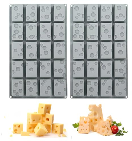 Set di 2 stampi in silicone a forma di pezzi di formaggio, 20 cavità, antiaderenti, per formaggio, dessert, cioccolato, burro, mousse, torte, brownie, gelatina, budino, sapone, 29,7 x 17,3 x 1,8 cm,