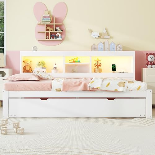 HYSZ Sofá cama, cama de día, cama de día, 90 x 200 cm, iluminación ambiental teledirigida, compartimento de almacenamiento lateral de la cama, cama extensible, enchufe + USB, sin colchón, blanco