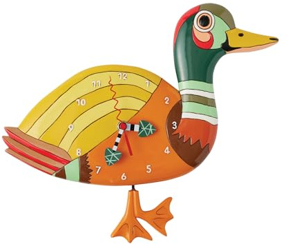 Enesco Allen Designs Waddles The Duck Sculpted Pendulum Wall Clock, 8.39 Inch, Multicolor