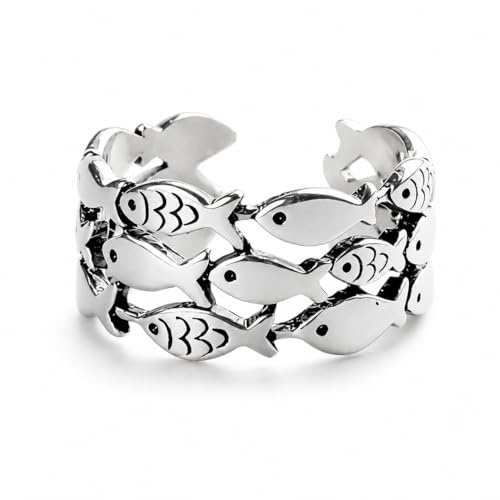 YIQPKUM Anello Pesce Carino Antico Lega Zinco Regolabile Fascia Aperta Oceano Artistico (Placcato argento)