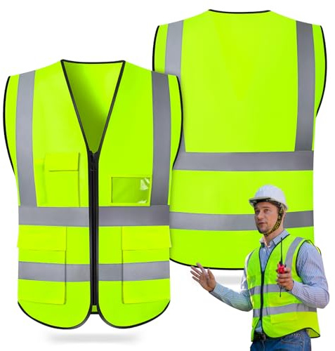 Hi Vis Vests, High Vis Vests, Standard Size Reflective High Visibility Vests, Unisex Hi Vis Jacket with Pockets Zipper for Traffic Work, Running, Surveyor and Security Guard (Yellow,1PCS)