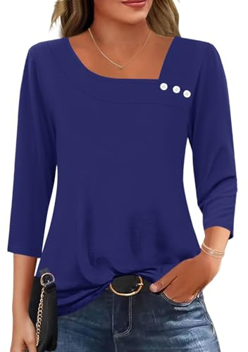 Kistore Womens 3/4 Sleeve Tops Asymmetrical Neck Tunic Shirts S-2XL | Summer Tops for Women UK,Boho Tops for Women,Tops for Women Trendy 2026,Business Casual Outfits