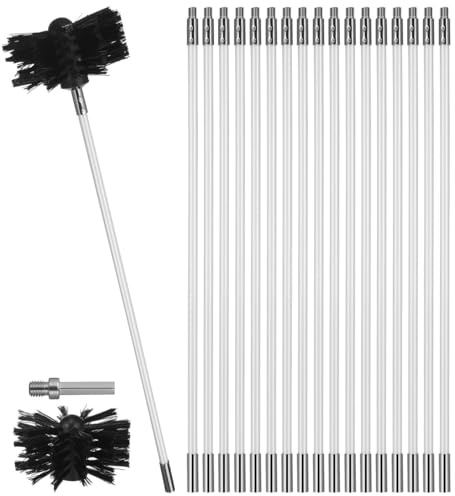 OUNONA Chimney Sweep Rods Cleaning Gutter Cleaning Tools with 18 Connectable Rods 2 Replaceable Brush Heads Hexagonal Handle Accessory for Chimney Drain Flue and Pipe Cleaning