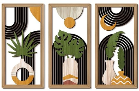 suaywo 3-Piece Boho Wall Decor Set for Bedroom and Living Room | 40 x 20 cm 3-Piece Canvas Picture, Practical Wall Decor, Abstract Geometric Plant Wall Art with Wood