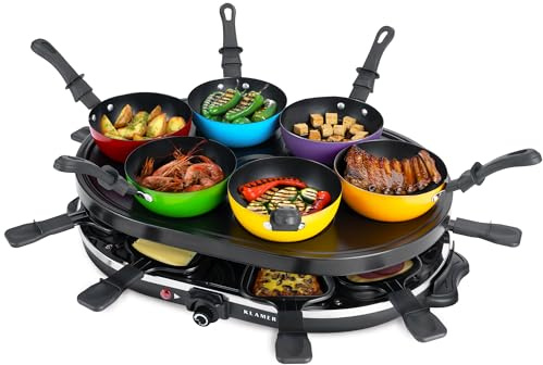 KLAMER Raclette-Wok 1200 W – Raclette Grill mit 6 Wokpfännchen & 8 Raclettepfännchen, Antihaftbeschichtung, stufenloser Temperaturregler, inkl. Holzspatel & digitalem Rezeptbuch