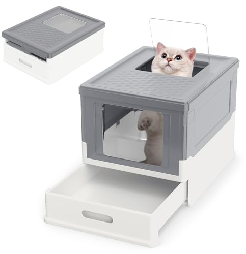 GYMAX Caja de Arena Plegable para Gatos, Casa de Baño Cerrada con 2 Puertas (Superior + Frontal), Cajón para Arena y Patas Antideslizantes, Limpieza Fácil y Antiolor, 50 x 38 x 37 cm (Gris)