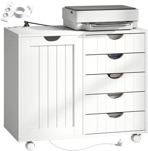 HOMCOM Mueble para Impresora con Estación de Carga y Ruedas, Soporte para Impresora, Cajonera para Escritorio con 5 Cajones, Puertos USB, Estante Ajustable para Archivador, Oficina en Casa, Blanco