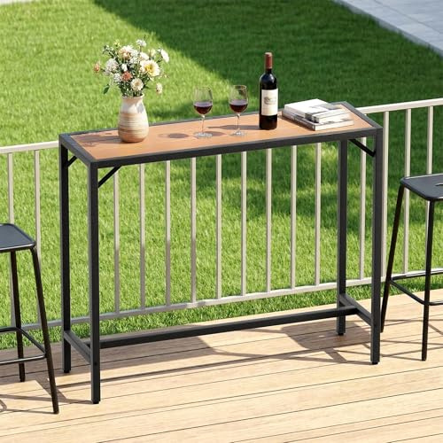 LIFERUN Mesa Alta de Bar de Exterior, 120 x 38 x 98 cm, Mesa de Bar para Jardín con Tablero Impermeable y Pies Ajustables, Mueble de Jardín para Terraza, Piscina, Salón, Comedor, Marrón