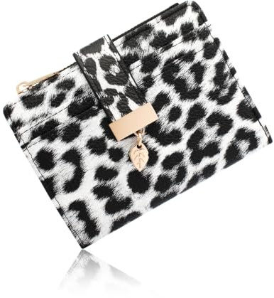 Pomelo Best Women's RFID Wallet - Vegan Leather Bi-fold Small Ladies Purse with Zipper Coin Pocket & ID Window - Leaf Charm Compact Wallet for Women (White Leopard)