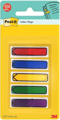 Post-it Index Arrow Flag, Assorted Colours - 11.9 mm x 43.2 mm, 100 Flags/Dispenser, 1 Dispenser/Pack - to Mark or Highlight Important Information