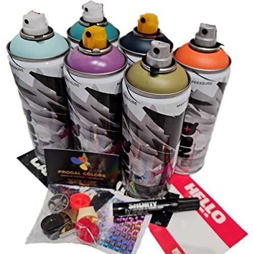 PROGAL COLORS PACK PARTY NBQ (6 x 400ml NBQ + Rotulador Montana Cans + 6x Boquillas de repuesto + Pegatinas) ACABADO MATE DE FACIL APLICACION MURALISMO DYV DECORACION RESTAURACION GRAFFITI