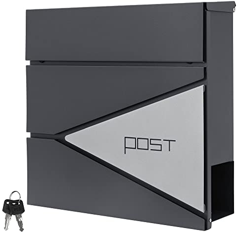 ML-Design Briefkasten Anthrazit/Silber, Edelstahl pulverbeschichtet, 37x37 cm, Postkasten mit Zeitungsfach, Abschließbar 2 Schlüssel, Design Wandbriefkasten mit Zeitungsrolle, Mailbox für Wandmontage