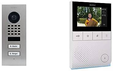 DoorBird D1102V IP Türklingel, 2 Türklingel, Edelstahl & A1101 IP-Video-Türsprechanlage WLAN, LAN, Inneneinheit weiß