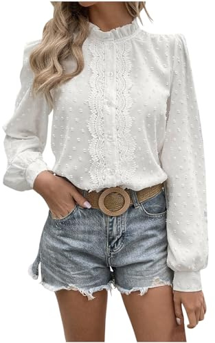 Chemisier en dentelle Blanc Manches longues Col montant Haut col V Mode business Tunique