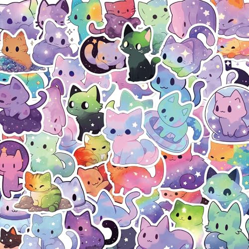 GEEHUA 50 Stück Kawaii Sternenhimmel Katzenaufkleber, Niedlich Cartoon Tier Katzenaufkleber, Wasserdichte Selbstklebende Vinyl Aufkleber für Computer, Laptop, Scrapbooking, Planer, Tagebücher