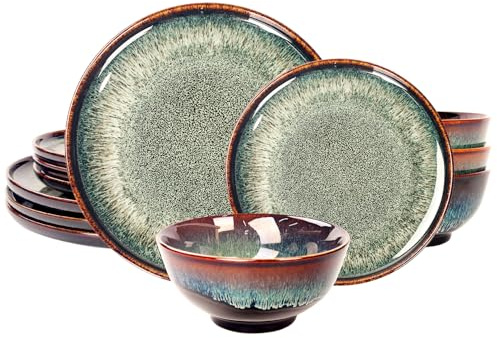 jinsongdafa Dinner Set 12 Pieces - Round Reactive Glaze Tableware - Kitchen Dinnerware Porcelain Crockery with Dinner Plate, Bowl and Soup Plate Service for 4, Microwave Dishwasher Safe, Set (No.1)