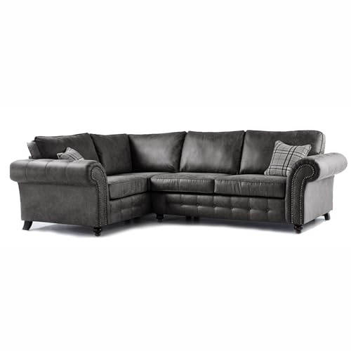 Furnishings For Less UK New Country Oakland Charcoal Grey 4 Seater L Shaped Leather Corner Sofa Living Room Seating (Left Hand Facing (4 Seater), Charcoal Grey)