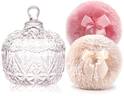 Luxury 4 Inch Glass Loose Powder Container with 2 Soft 3.5 Puffs|Non-Sealed Refillable Organizer Storage for Body Powder Makeup & Jewelry & Setting Applicator(Crown-Clear)