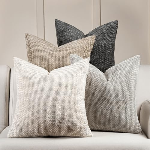 Volcanics Boho Throw Pillow Covers 18x18 Set of 4, Neutral Chenille Decorative Cushion Covers for Couch, Sofa, Bedroom, Living Room, Farmhouse & Mid-Century Modern Home Decor