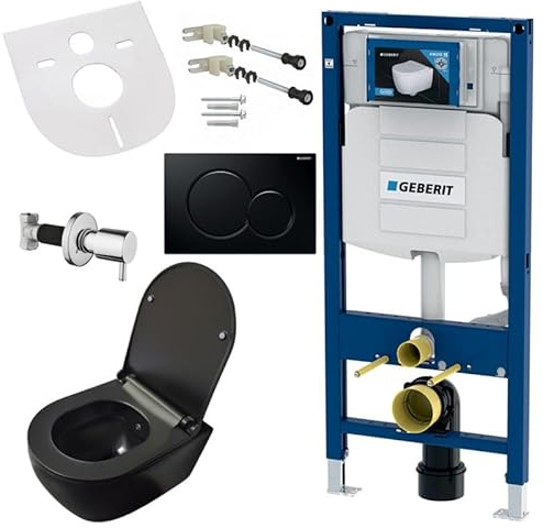 Belvit Set completo per WC sospeso con funzione bidet, WC da parete nero con Taharet e UP320, valvola di intercettazione, in ceramica senza bordi, sedile WC con coperchio e piastra a pressione