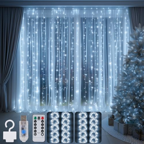 Wudyfei 2 Pack Curtain Lights Indoor Outdoor, 300LED 3mx3m USB Curtain Fairy Lights, Curtain Lights Plug in with 8 Modes Waterproof Timer Adjustable Brightness Window Lights for Bedroom/Wall, White