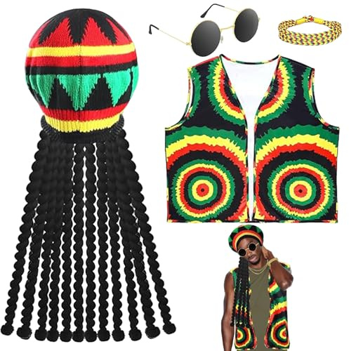 YOUYIKE 4-teiliges Halloween Jamaika-Kostümset, Jamaika-Weste, Armband, Dreadlocks-Mütze, Hippie-Brille – Reggae-Hippie-Accessoires für Karneval, Halloween, Erwachsene Party, Cosplay