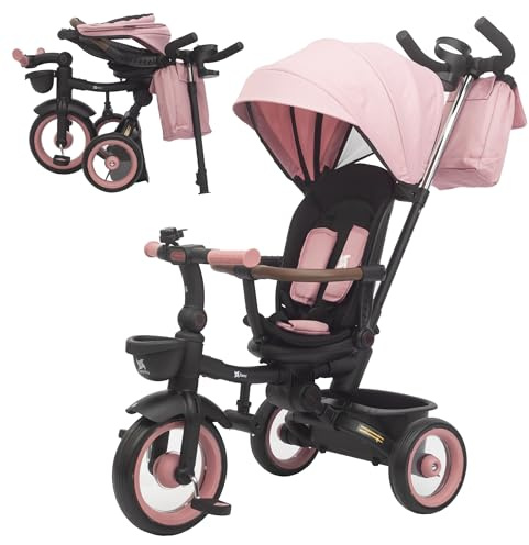 Twinly SAMI Triciclo Evolutivo Pieghevole con Maniglione – Triciclo per Bambini da 1 Anno a 5 Anni, Sedile Girevole e Reclinabile, Cappottina UPF50+, Ruota Libera e Cinture di Sicurezza – Rosa
