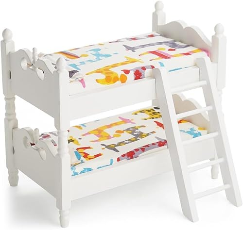 1/12 Scale Dollhouse Bunk Beds – Miniature Wooden Bed Set with Ladder, Realistic Mini Dollhouse Furniture Stuff Accessories, DIY Small Ornament Dolls Decor for Doll House, Tiny Wooden Bedroom