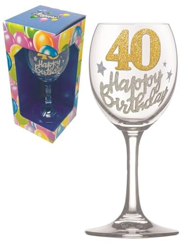 Generico Bicchiere Calice da Vino in Vetro per 40° Compleanno, Decorazione con Glitter Argento e Oro, 250ml, Confezione Regalo Inclusa, Design Elegante per Feste e Brindisi
