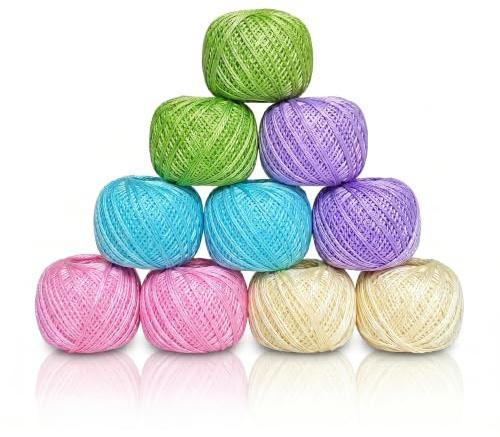 Pelotes de fil à crocheter KGS | Taille 8 | 10 pelotes | 10 grammes par pelote | Total de 100 grammes de fil de coton perlé pour crochet et broderie à la main (Pastels Doux)