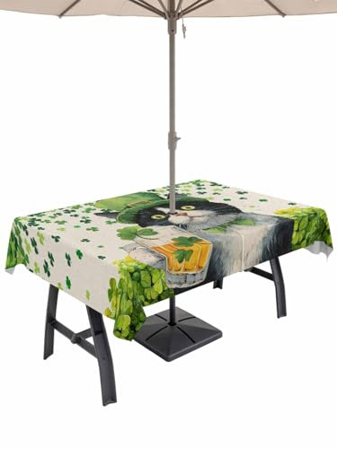 Outdoor Table Cloth with Umbrella Hole and Zipper, St. Patrick's Day Waterproof Rectangle Tablecloth 52x70, Vintage Cute Cat Beer Green Clovers Washable Table Cover for Outside Party Patio Picnic