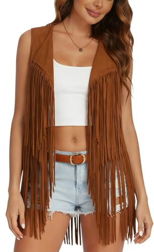 Women's Fringe Waistcoat Cowgirl Sleeveless Open Front Long Tassel Gilets | Vintage Faux Suede Plain Western Cardigan Tops Y2K Hippie 60 70s Disco Fancy Dress for Halloween Carnival Party Cosplay