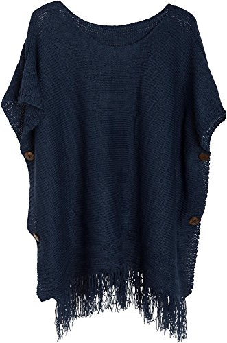 styleBREAKER Poncho de Punto Mujer,Manga Corta, Botones | Flecos. Acabado brillante. Largo espalda 57cm. Elástico. Talla única. Tacto suave. Material cálido.