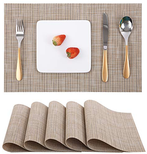 Myir JUN Salvamanteles Individuales Juego de 6, Lavables Manteles Individuales Plásticos de Vinil de Esteras, Resistentes al Calor Antideslizante Fácil de Limpiar y Impermeable 30x43.5cm(Champán)