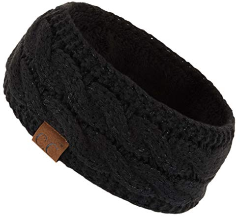 C.C Winter Fuzzy Fleece Lined Thick Knitted Headband Headwrap Earwarmer (HW-20) (Black Metallic)